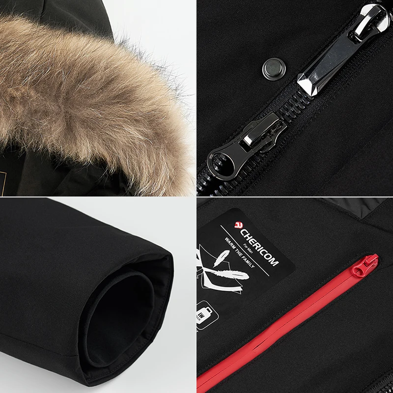 Chericom Men's Winter Hooded Down Jacket Fur Neck Duck Down Thickened Thermal Overcoat Business Casual Waterproof Jacket