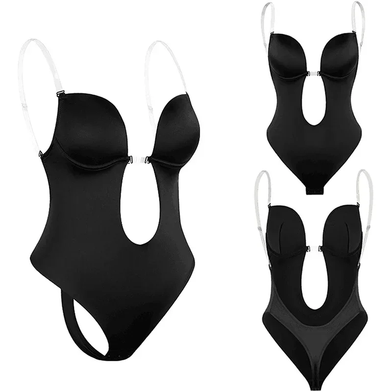 

Women Bodysuit Sexy Shapewear Backless Underwear U Thong Shaper Corset Deep V-Neck Clear Strap Push Up Bra Lingerie