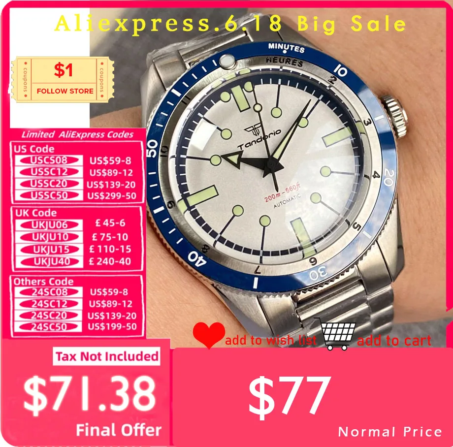 Купол сапфировое стекло Tandorio для ныряния стальные автоматические часы для мужчин NH35 PT5000 Стальной браслет Бизнес подарок пилот 200 м водонепроницаемые часы