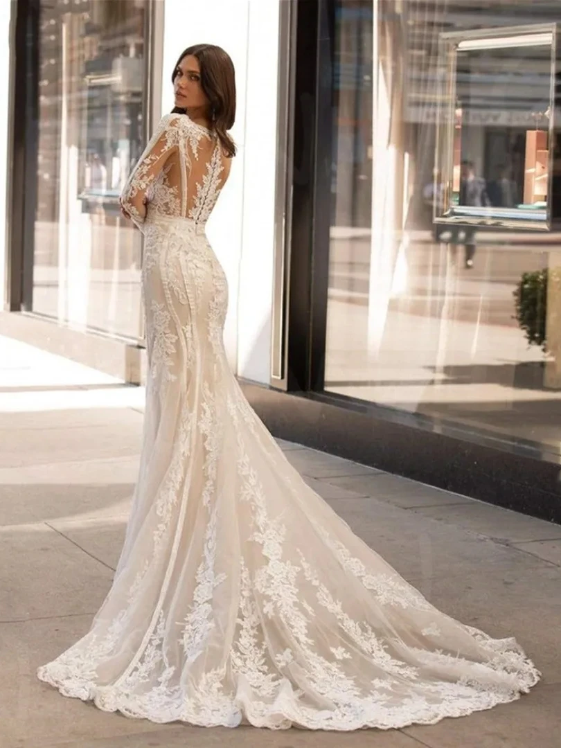 Exquisite Wedding Dresses Deep V-Neck Bridal Gowns Lace Appliques Long Sleeves Floor Length Robes Vestidos De Novia Customized 4