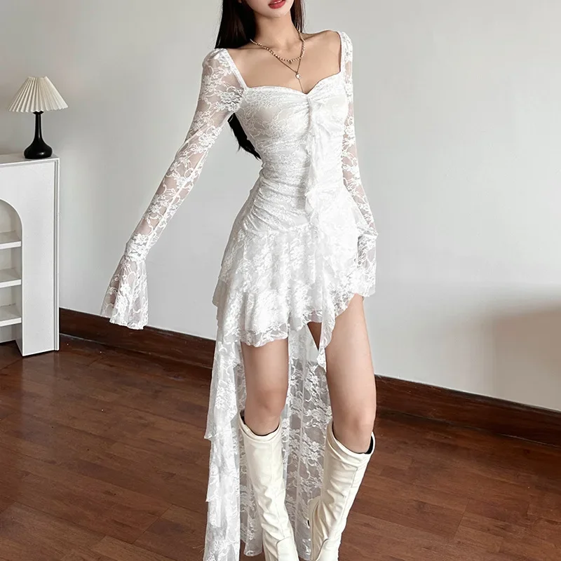 Fairycore Lace Flare Sleeve Square Neck A-line Dress Sweet E-girl Irregular Long Hem Dresses Cyber Y2K Party Vestido 2