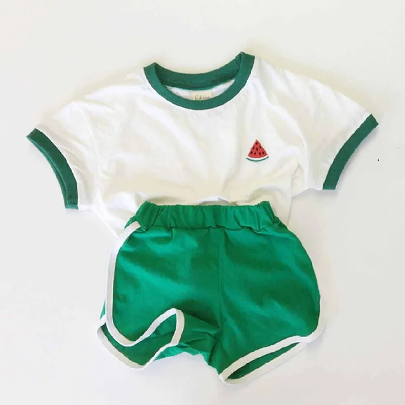 Infant children's suits baby clothes boys contrast color shoulder short-sleeved T-shirt girls baby simple casual shorts suit baby outfit matching set