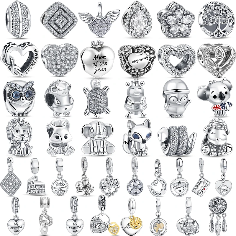 

100% 925 Sterling Silver Clear Zircon Heart Owl Flower Snake Family Beads Fit Original Pandora Charms Bracelet Sparkling Jewelry