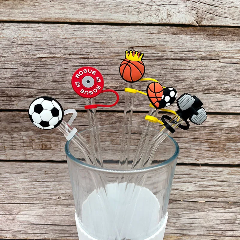 20PCS PVC Straw Charms Sports Series Basketball Football Reusable Straw  Topper Disposable Plastic Straw for Drink Cup Accessory