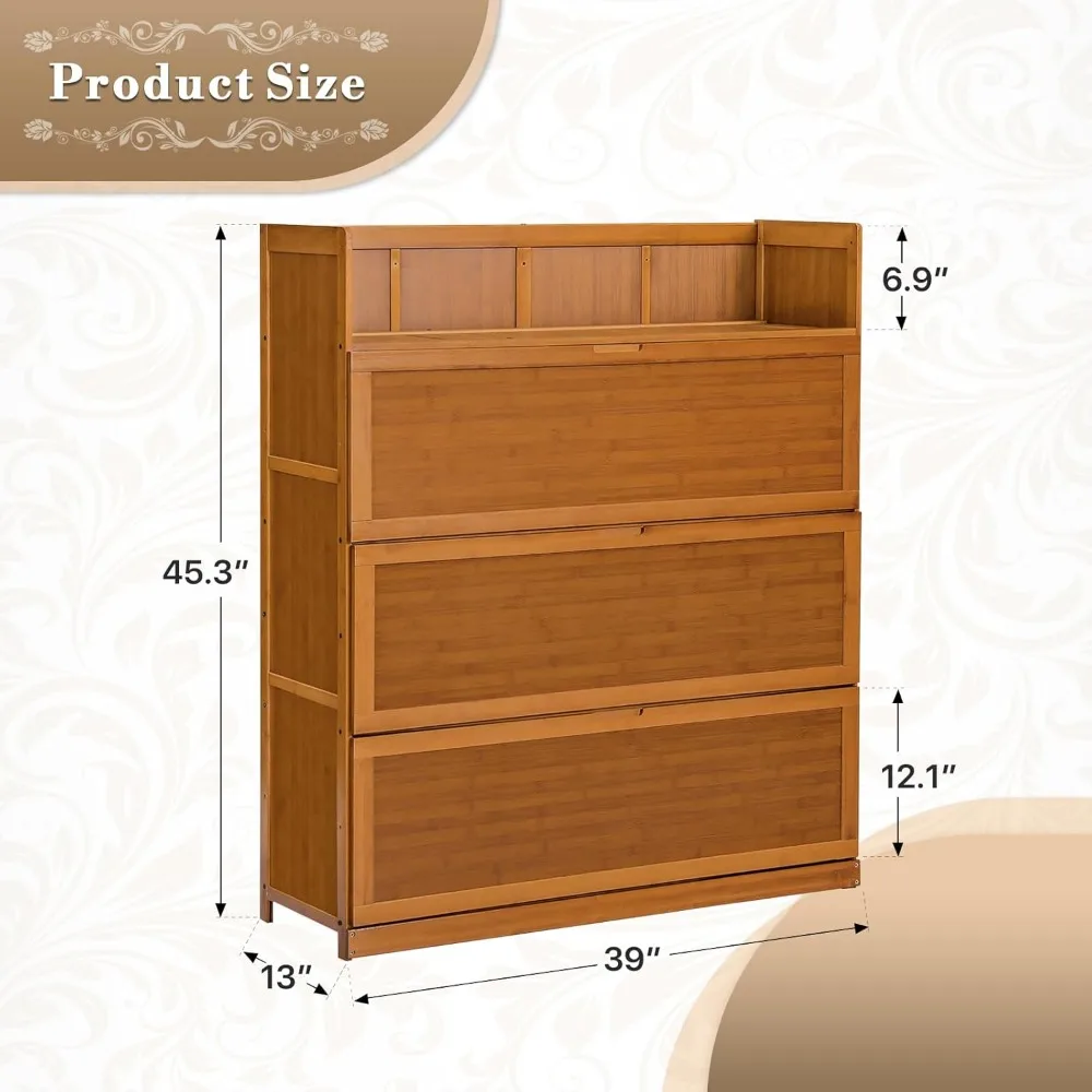 39" 6-Tiers Bamboo Shoe Storage Cabinet Drop Down Doors Shoe Rack Freestanding Organizer Shelf with Heigh