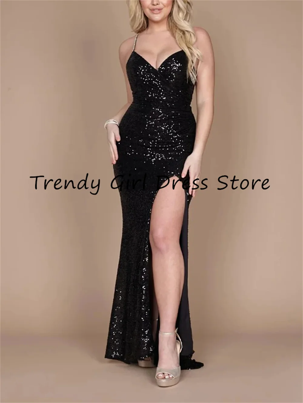 

Sexy Sequin Mermaid Evening Dresses For Woman Sleeveless Open Back Floor-Length Side Slit Plus Size Custom فستان حفلات الزفاف