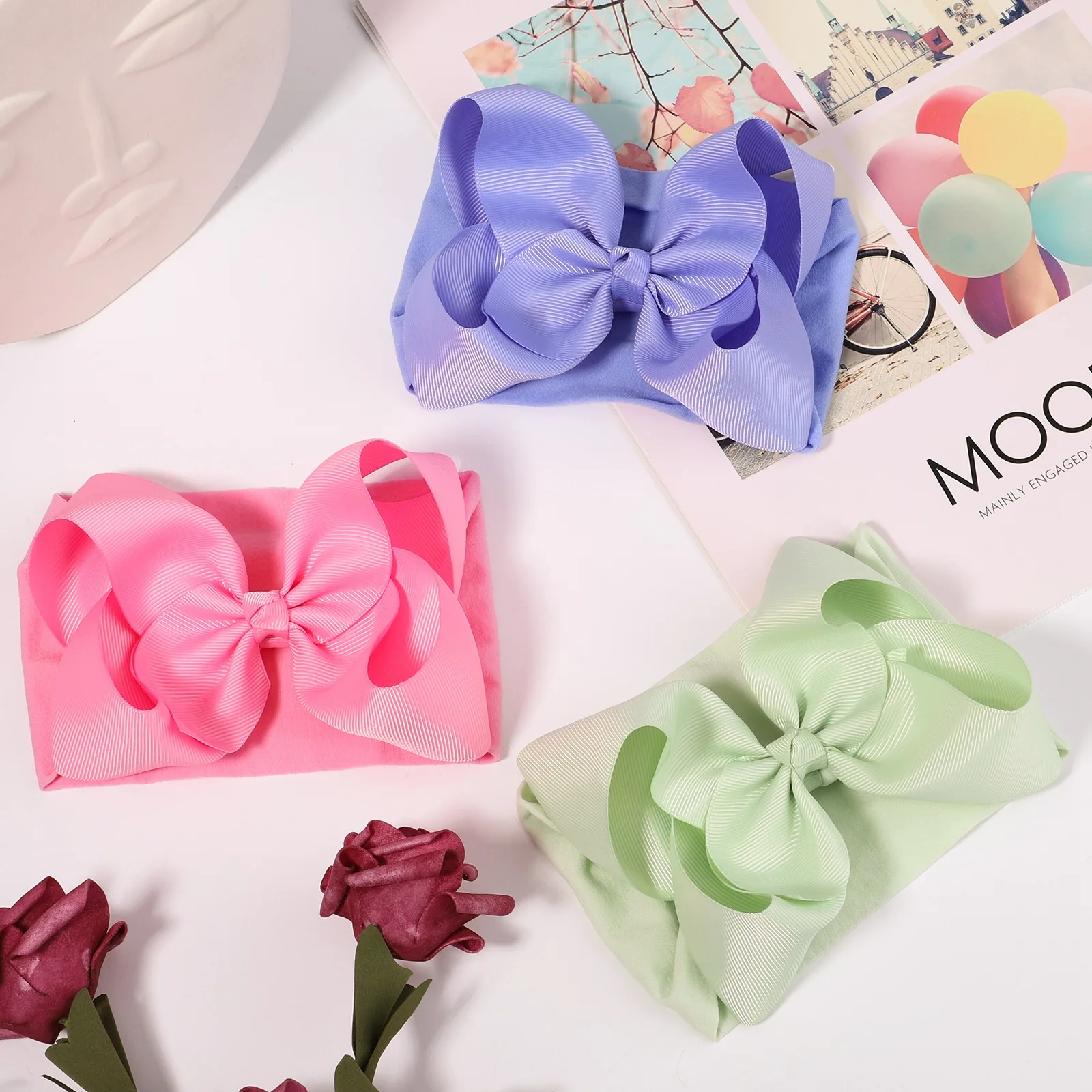 Elastici per capelli per neonati con fiocco Liv - cotone rosa bloom