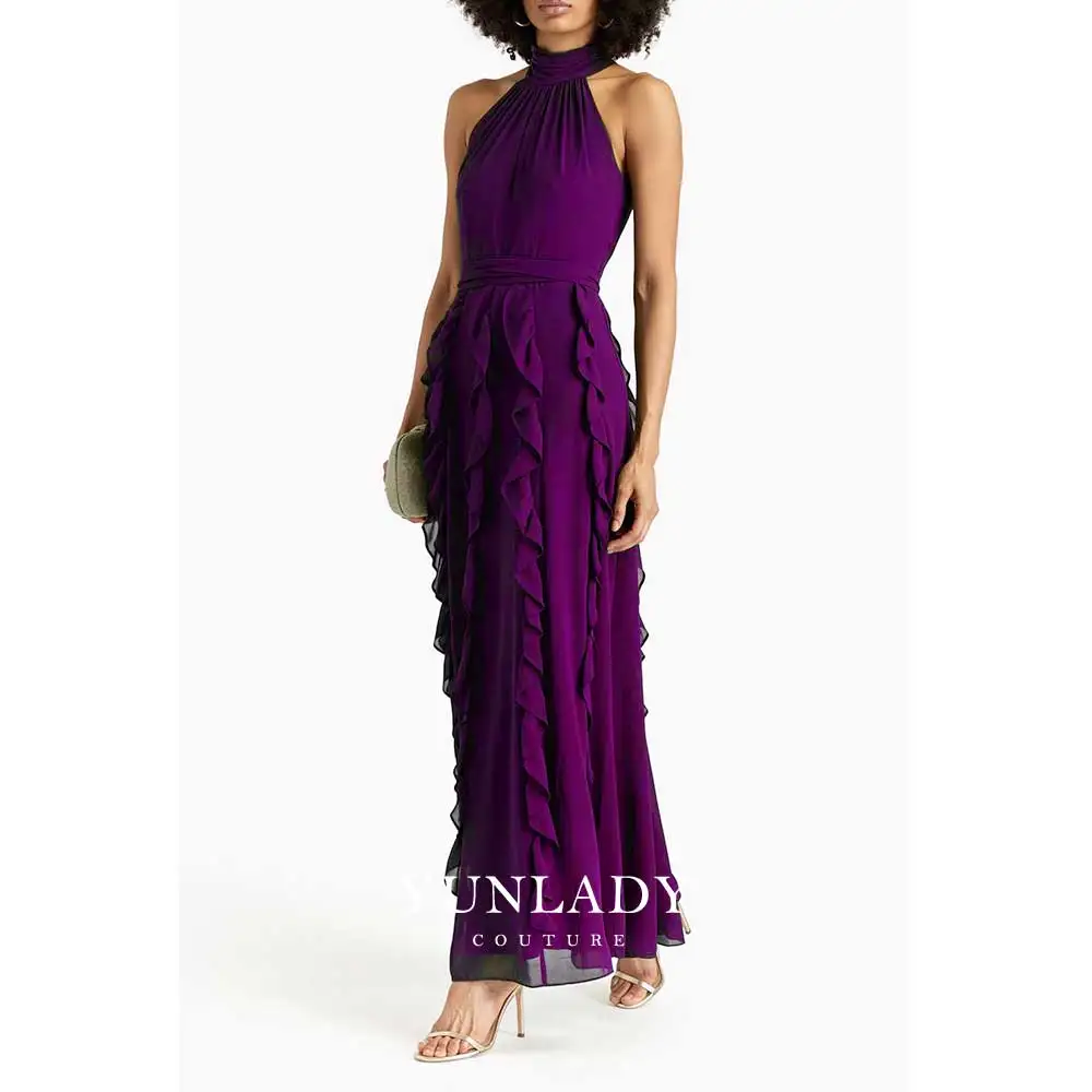 YUNLAN Luxury Dubai Purple Sleeveless Halter Neck Cocktail Ball Evening Dress Women Wedding Formal Guest Party Dress