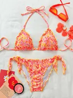 Cute Orange Floral Print Bikini Set Women Halter Ruffles Push Up Tie Side Thong Swimsuit 2025 Summer Bathing Suit Micro Swimwear