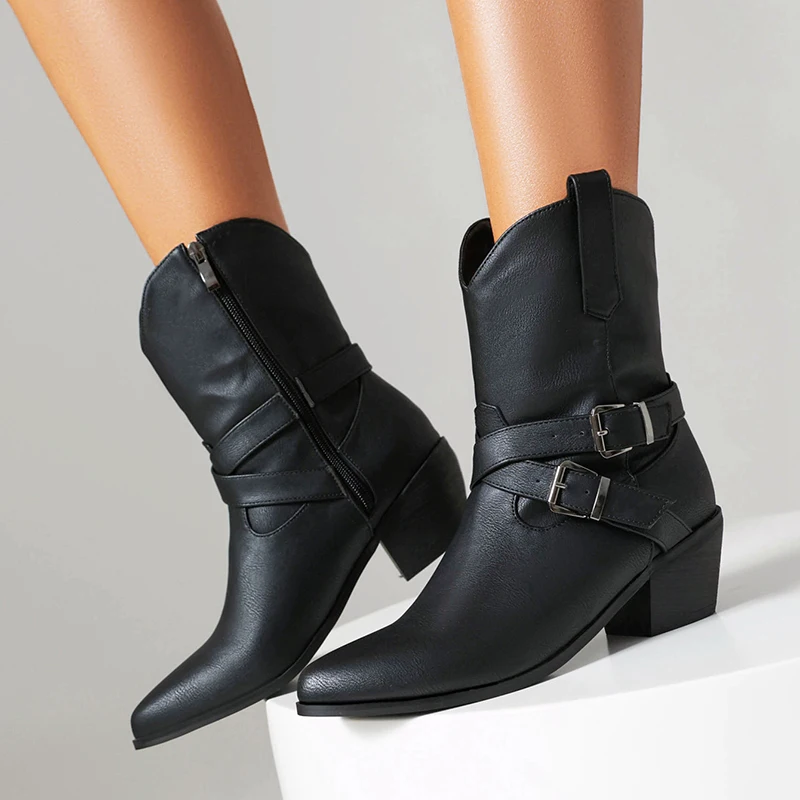 Kcenid Retro Western Ankle Boots For Women Fashion Round Toe High Heel Short Plush Winter Women Boots Square Button Party Shoes