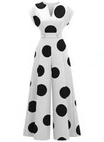 Yeezzi Women's Fashion Polka Dot Wide Leg Jumpsuits Short Sleeve High Waist Loose Fit Pockets Elegant Party Office Overalls