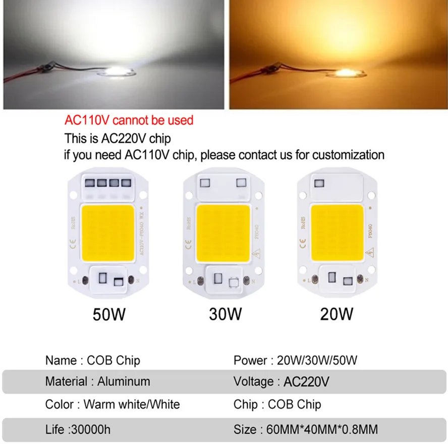 Description Picture 2 of itemCOB LED Chip 10W 20W 30W 50W 220V Smart IC No Need Driver 3W 5W 7W 9W LED Bulb Lamp for Flood Light Spotlight Diy Lighting
