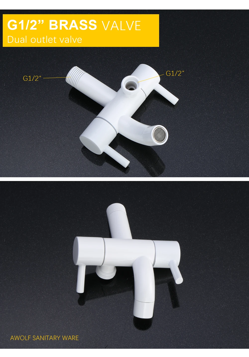 Description Picture 6 of itemAwolf White Bidet Faucet Solid Brass Handheld Toilet Bidet Sprayer Dual handle Dual Outlet Filling Valve Shattaf Shower AP2223