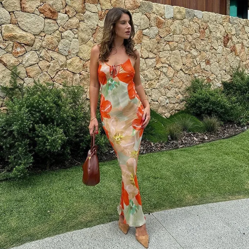 Flower Printed Strap Long Dress Women Spicy Girl 2024 Spring New U Neck Sleeveless Tie Up Backless Vestidos Vacation Beachwear