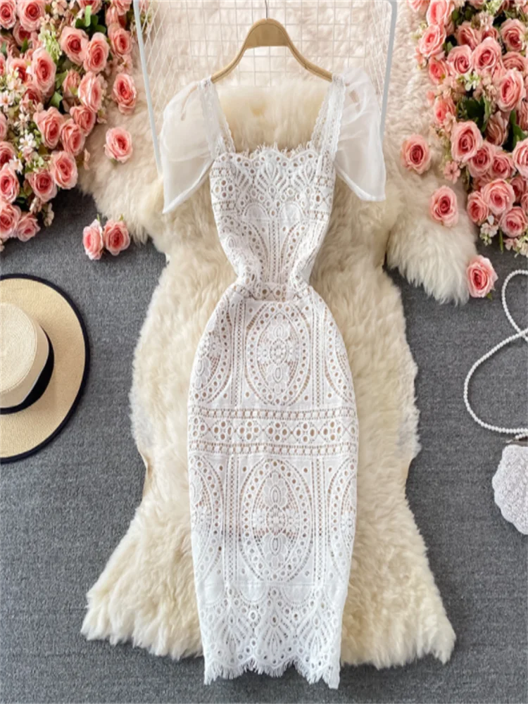 

Женское кружевное платье с пышными рукавами, белое ажурное ТРАПЕЦИЕВИДНОЕ ПЛАТЬЕ с квадратным вырезом и молнией на спине, лето 2023