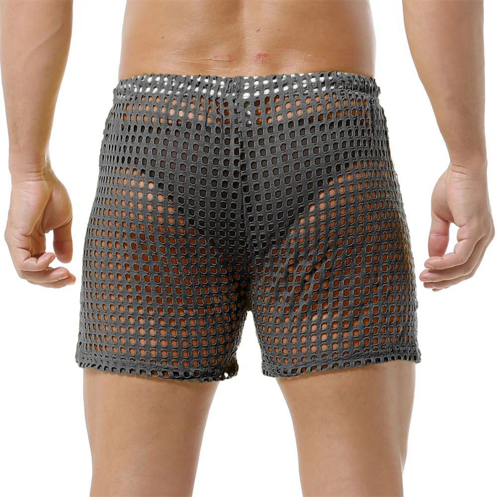 Breathable Mens Sexy Mesh Fishnet Causal Shorts Loose Men Hollow Out Beach Bikini Swim Trunks Drawstring Sport Gym Lounge Shorts 4