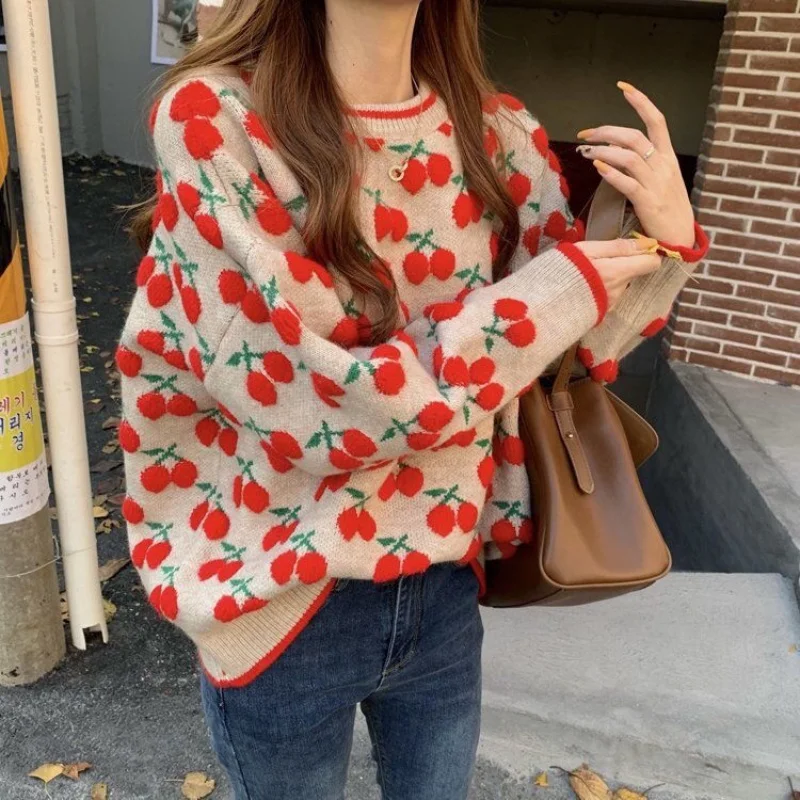 빈티지 체리 자카드 심플 다용도 라운드넥 풀오버, 긴팔, 기본 패션, 캐주얼 여성 스웨터, 신제품