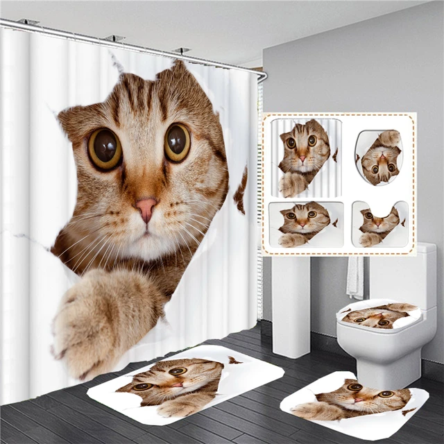 Cartoon lovely Cat Printed 3D Shower Curtain Waterproof Bathroom Curtain  Anti-slip Bath Mat Set Toilet