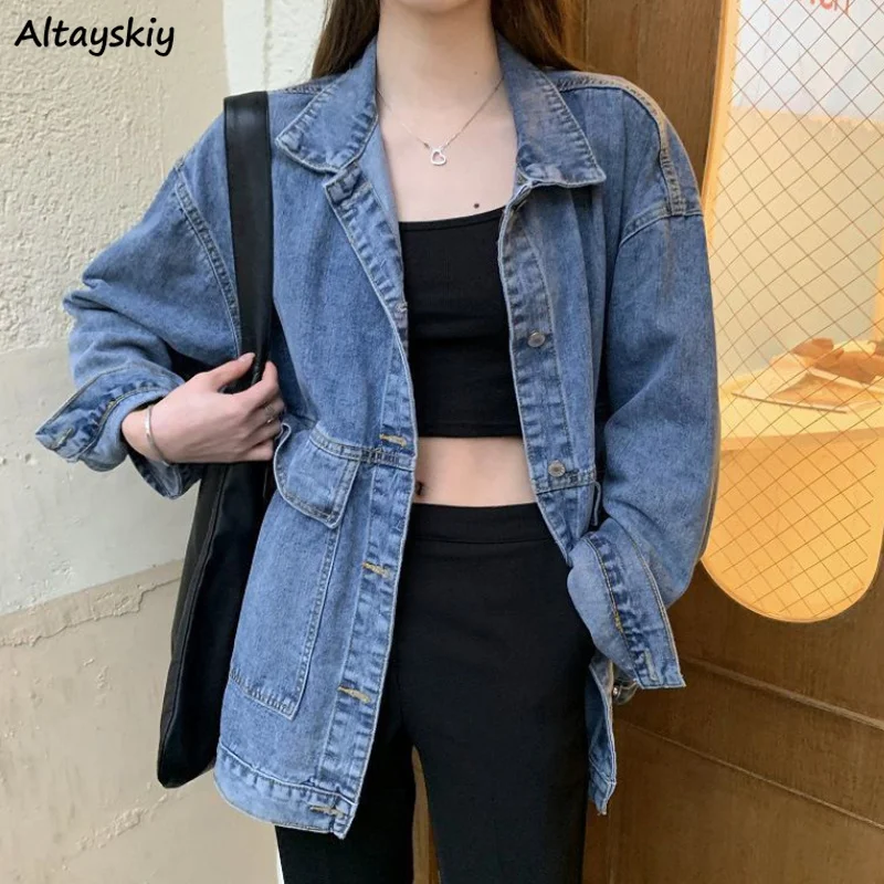 

Women Jackets Hot Sale Cool Turn-down Collar Retro Ulzzang Students Harajuku Streetwear Coats Denim Baggy Casual Female Loose