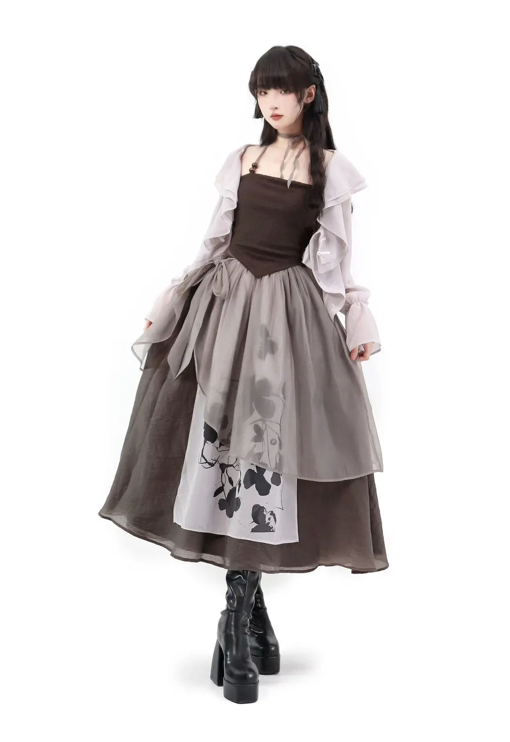 Japan Women Three Piece Set Skirt Suspender Dress + Tulle Dance Fluid Pants Folk Dance Clothes Everyday Dress 2024 New