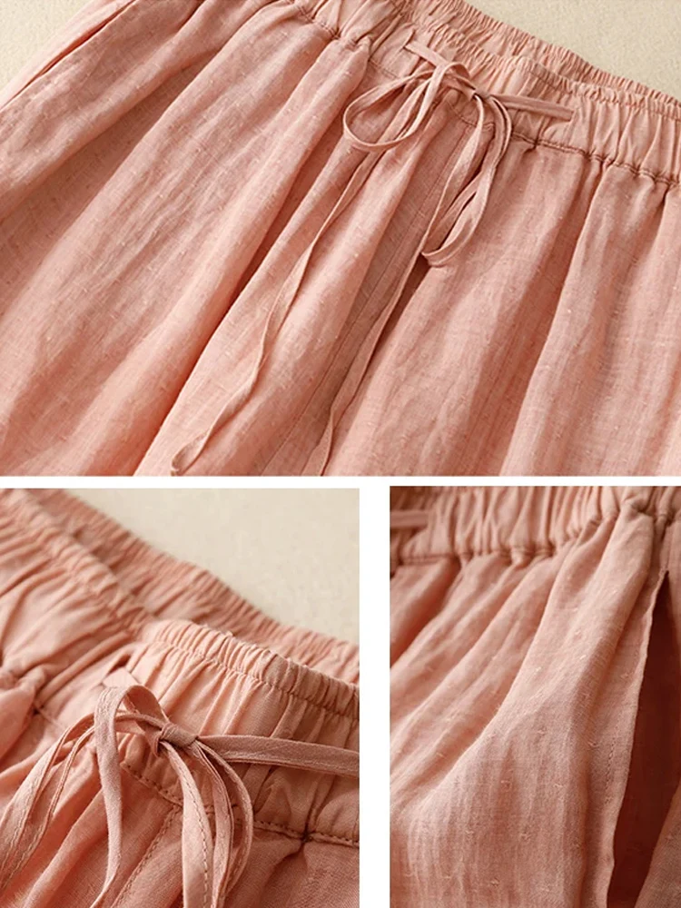 Solid Cotton Wide Leg Pants for Women Summer 2023 New Loose Sweatpants Lace Elastic High Waist Harem Trousers with Pockets