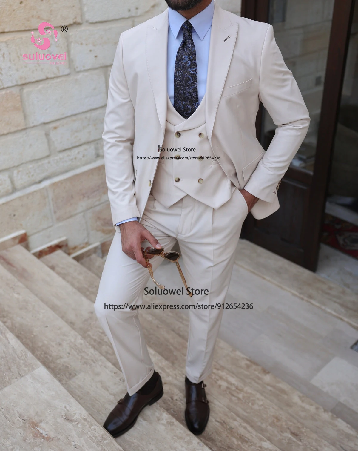 Fashion Peaked Lapel Suits For Men Slim Fit 3 Piece Pants Set Formal Groom Wedding Dinner Party Tuxedo Business Blazer Masculino