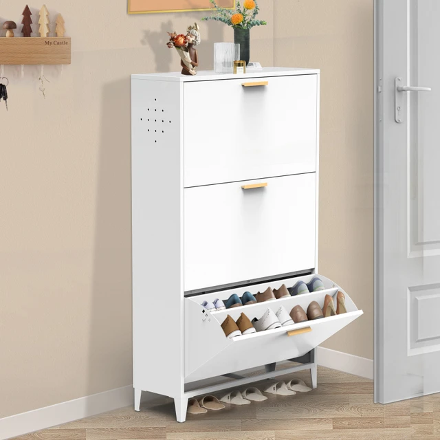 Modern Entryway White Shoe Storage Narrow Shoe Cabinet with 2 Flip Doors &  1 Drawer