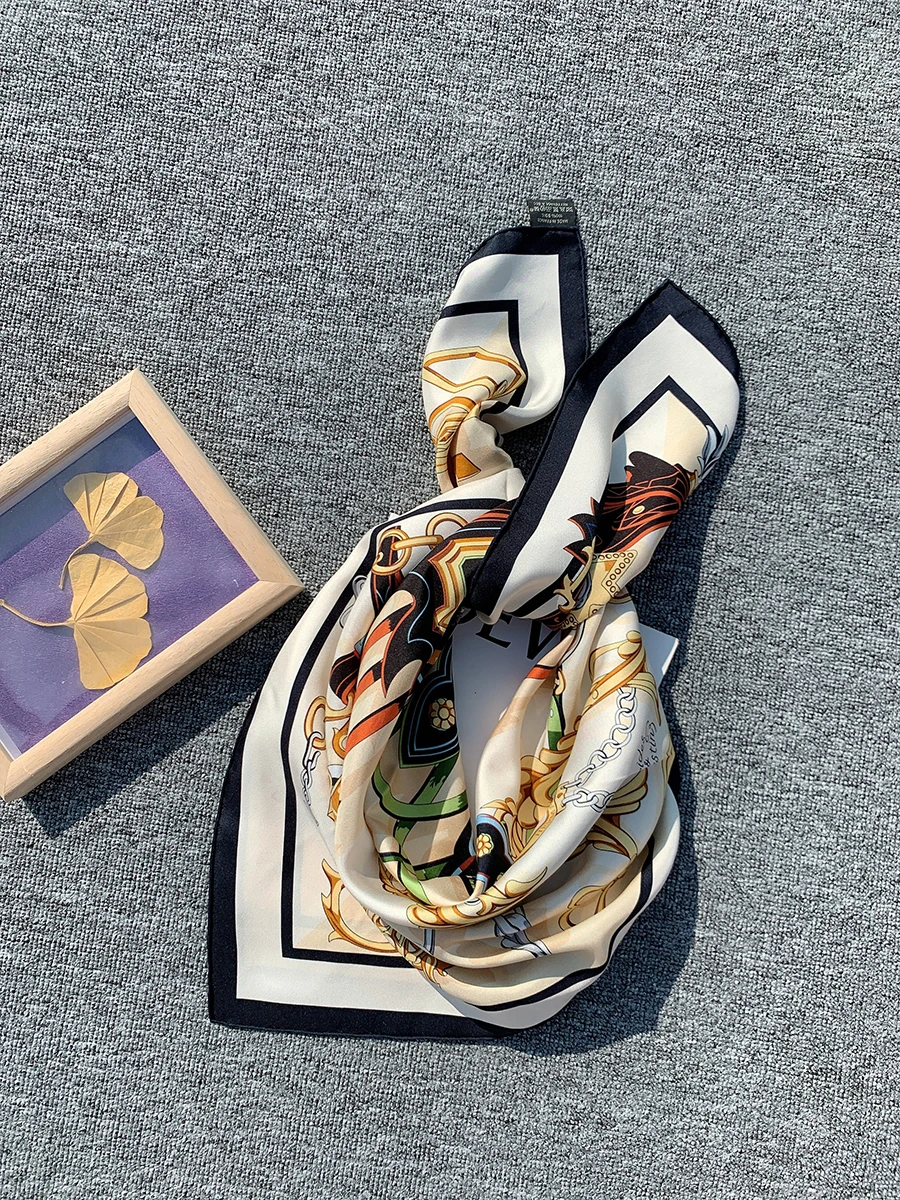 Scarf Luxury Brand 90x90cm Double Sided Printing Silk 100 Neckerchiefs Woman Hair Turban Headband For Girl
