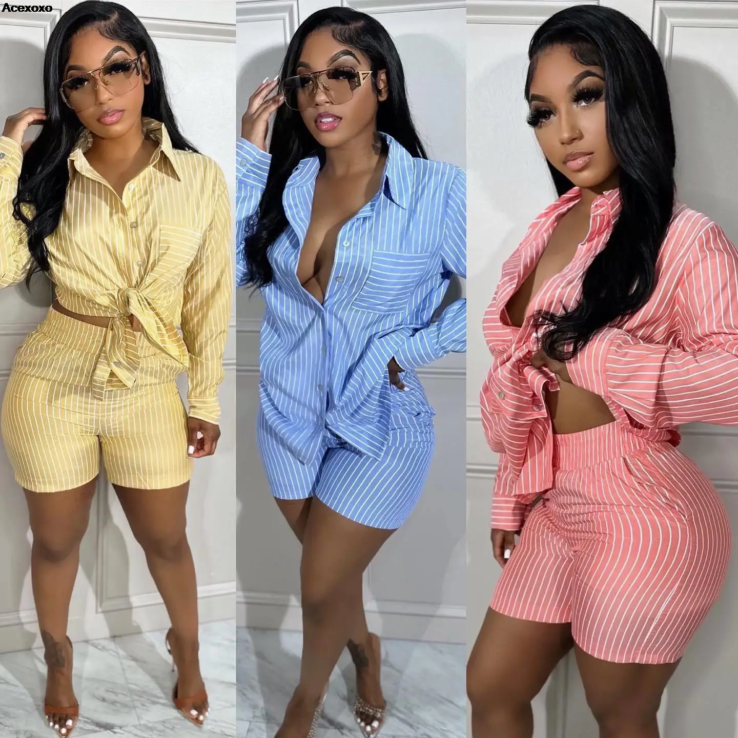 

Summer new women's casual shirt pocket thin vertical stripe two-piece set