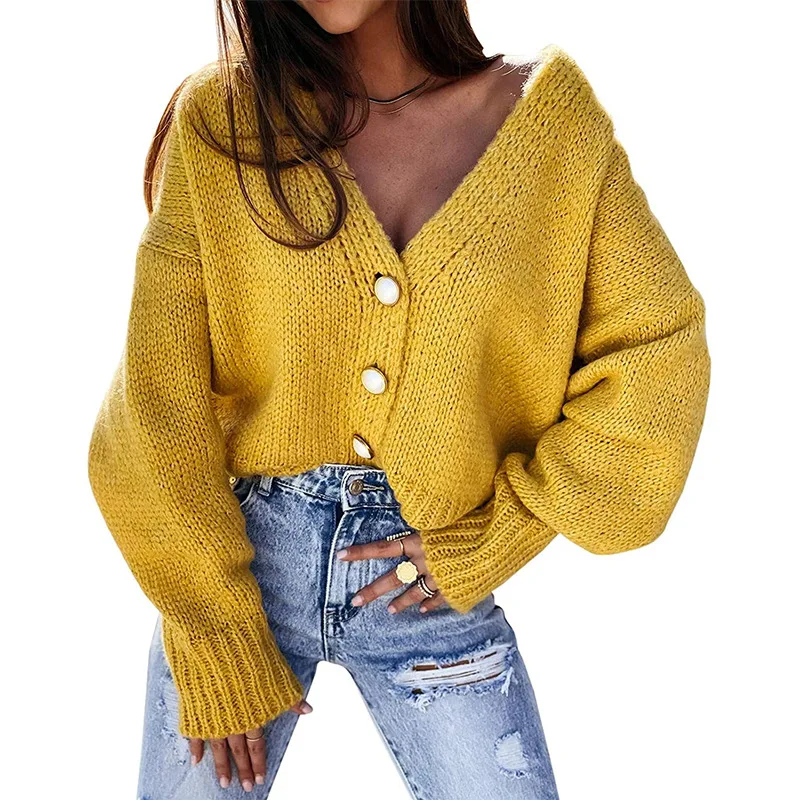 

Women's Sweater Cardigan 2023 Autumn And Winter New Short Solid Color V-Neck Button Knit Sweater
