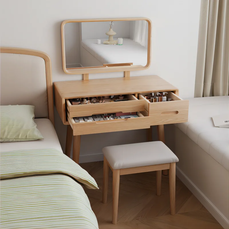 

All solid wood makeup table Nordic simple bedroom small unit with mirror wood color environmental protection dressing table