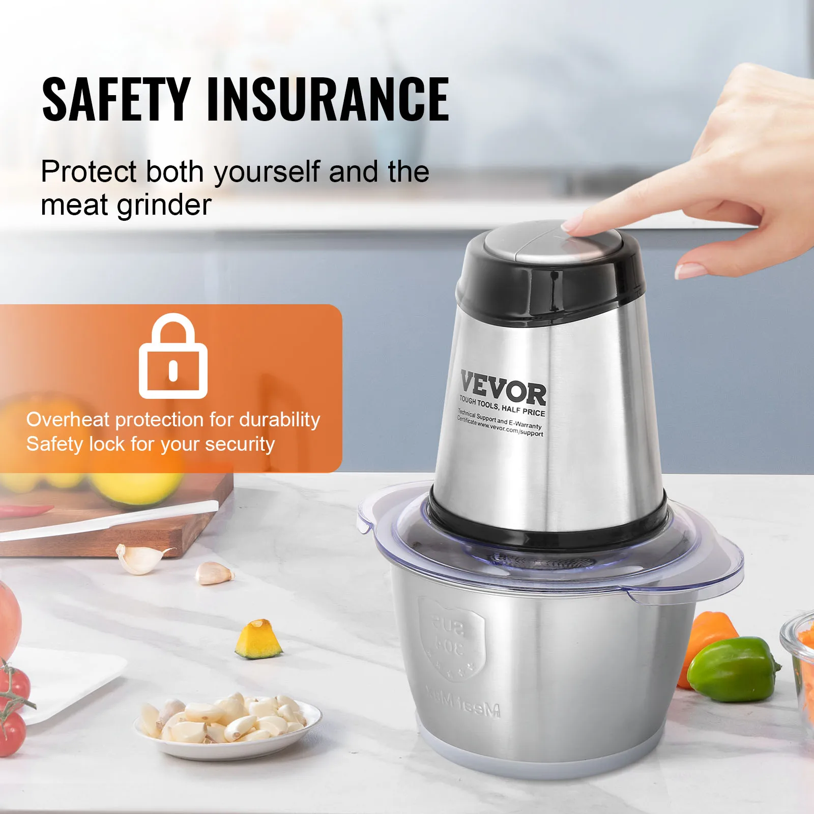 VEVOR Food Processor Electric Meat Grinder with 4Wing Stainless Steel Blades 8+5 Cup 2 Bowls 400W Electric Food Chopper 2 Speeds 6