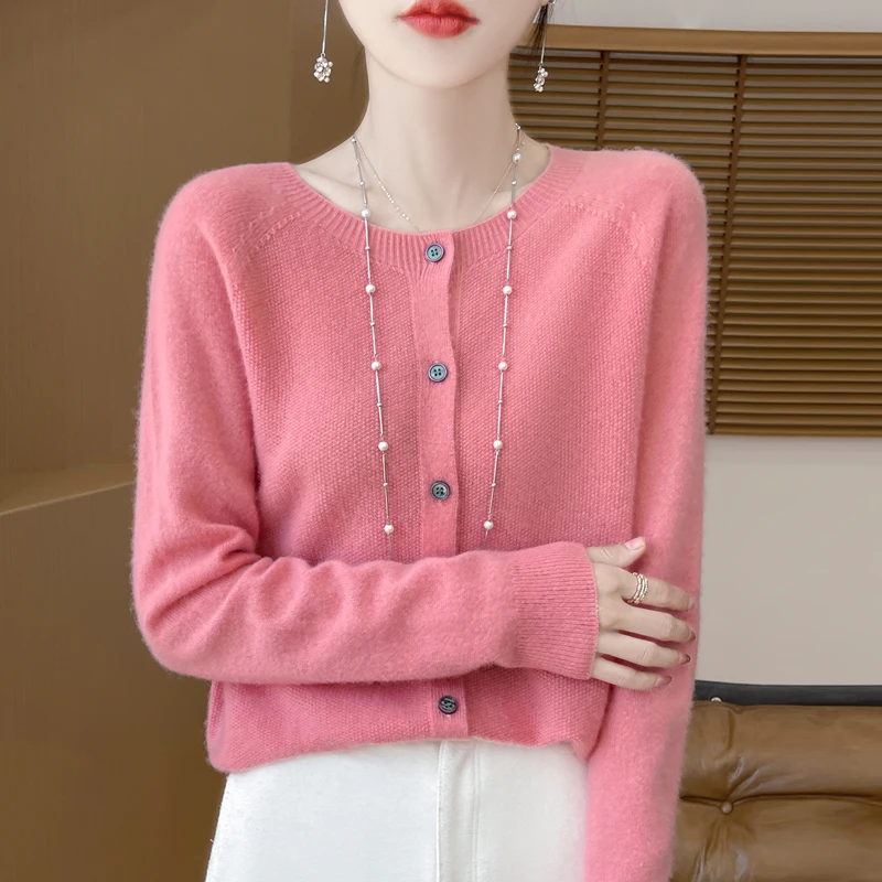 100% Wool Round Neck Cardigan Women's Solid Color Knitted Jacket Autumn And Winter Loose Casual Long Sleeved Sweater DMR D019 4