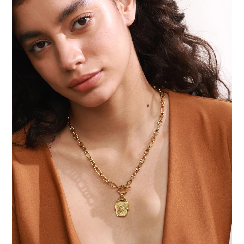 Yhpup Rectangle Double-Sided Sun Moon Pendant Necklace