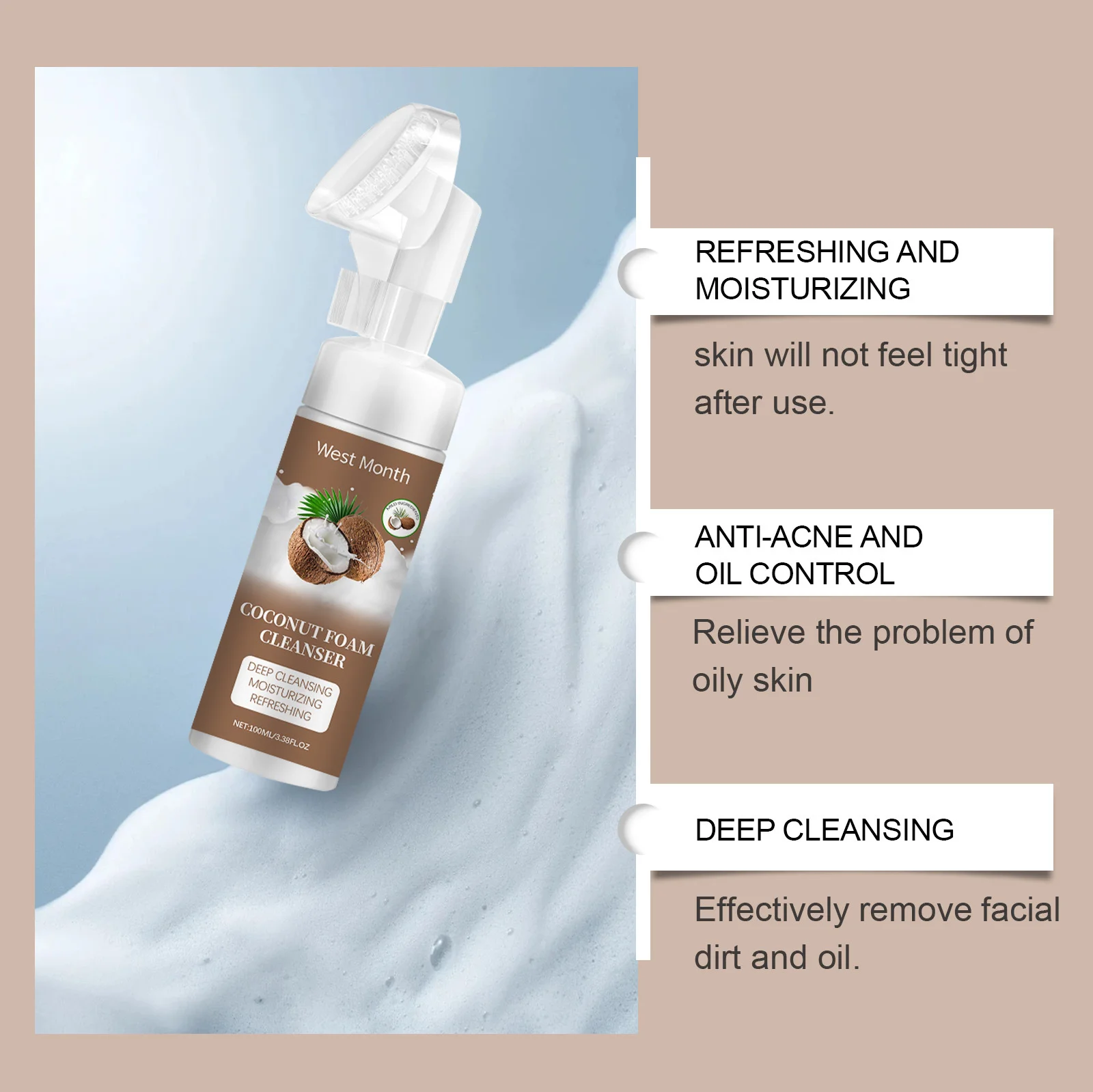 West&Month Facial Cleanser Foam Brightening Moisturizing Oil Control Soothing Acne Remover Massasge Cleansing Face Wash Mossee 3