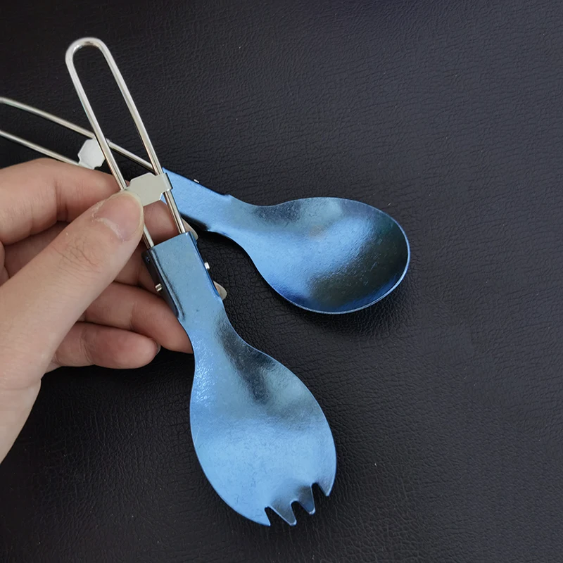 

Blue Solid Titanium Spork Spoon Folding Handle Great Lightweight for Traveling Backpacking and Camping Best Gift Set of 2
