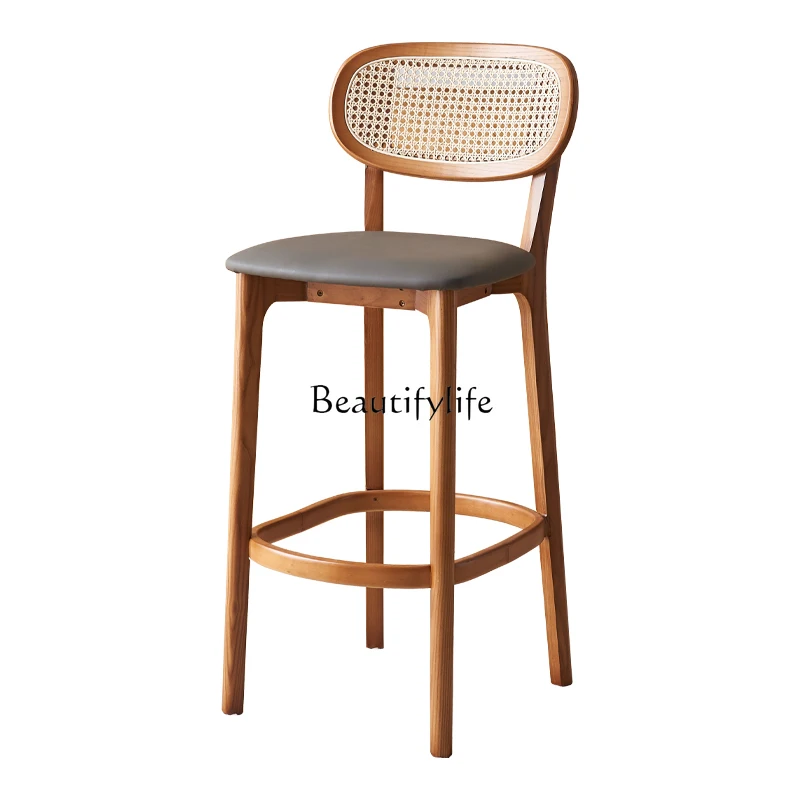 

Rattan Chair High Leg Solid Wood Nordic Home Backrest Milk Tea Shop Bar Stool