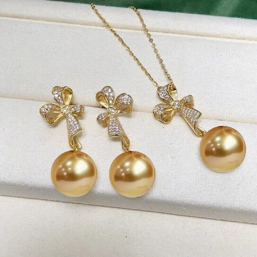 

Gorgeous AAAAA 10-11mm South Sea Gold Round Pearl Pendant Earring Set 925s