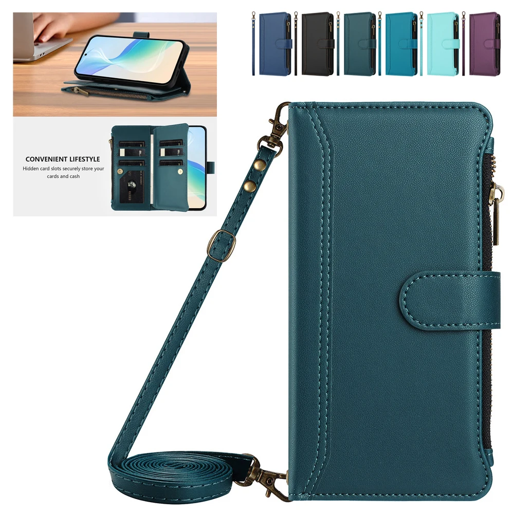 Leather Crossbody Phone Case with Card Wallet and Wrist Strap