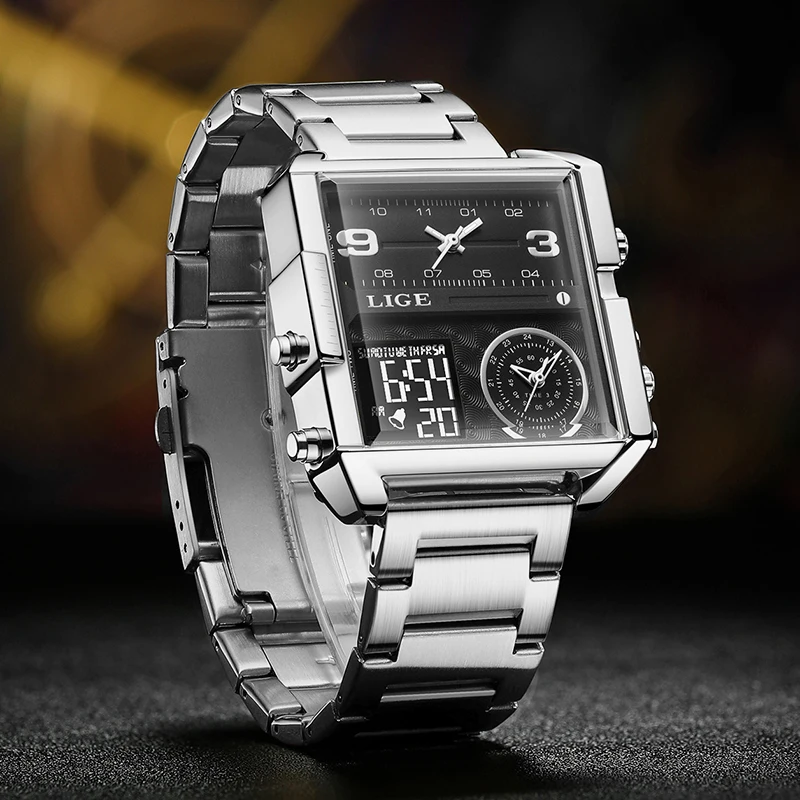 Square Watches Men's Luxury Top Brand LIGE Quartz Wristwatch Fashion Sport and Causal Business Watch Male Clock Reloj Hombres