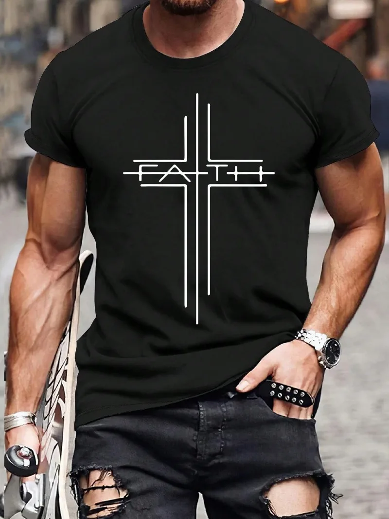 

Men's T-shirt with Letter Line Pattern Printing, Black Round Neck Short Sleeve Comfortable Casual Daily Men's Shirt Tee