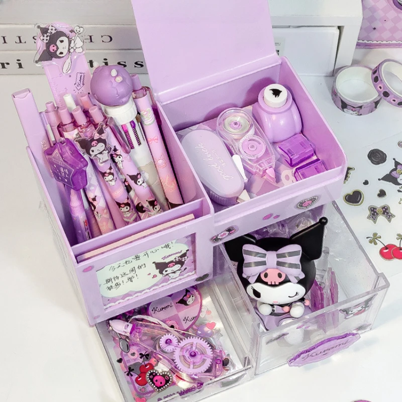 Miniso Cute Pen Holder Organizer Kawaii Kuromi Melody Cinnamoroll Sticker Desktop Storage Box Big Capacity Stationery Storage pen holder stationery organizer desktop storage box desktop storage kit stationery storage box