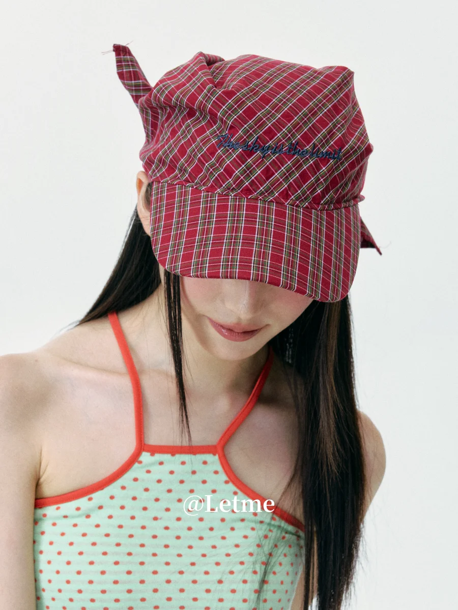 Retro-Sonnenhüte mit kontrastierendem Karomuster für Damen, Sommer, Outdoor, Freizeit, Sonnenschutz, personalisierter Riemen, Kopftuchkappe – Detail 3