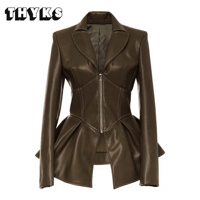 

Women Punk Style Suit Coat Faux Leather PU Zipper Girdle The Waist Black Jackets Fashion Versatile Blazer Autumn Winter Top