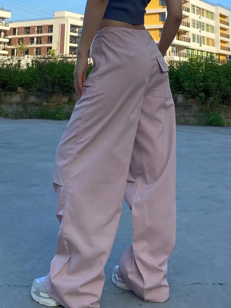 HOUZHOU Low Rise Pink Parachute Pants Women Y2K Vintage Oversize Drawstring  Cargo Trousers Egirl Aesthetic Wide Leg Baggy Bottom