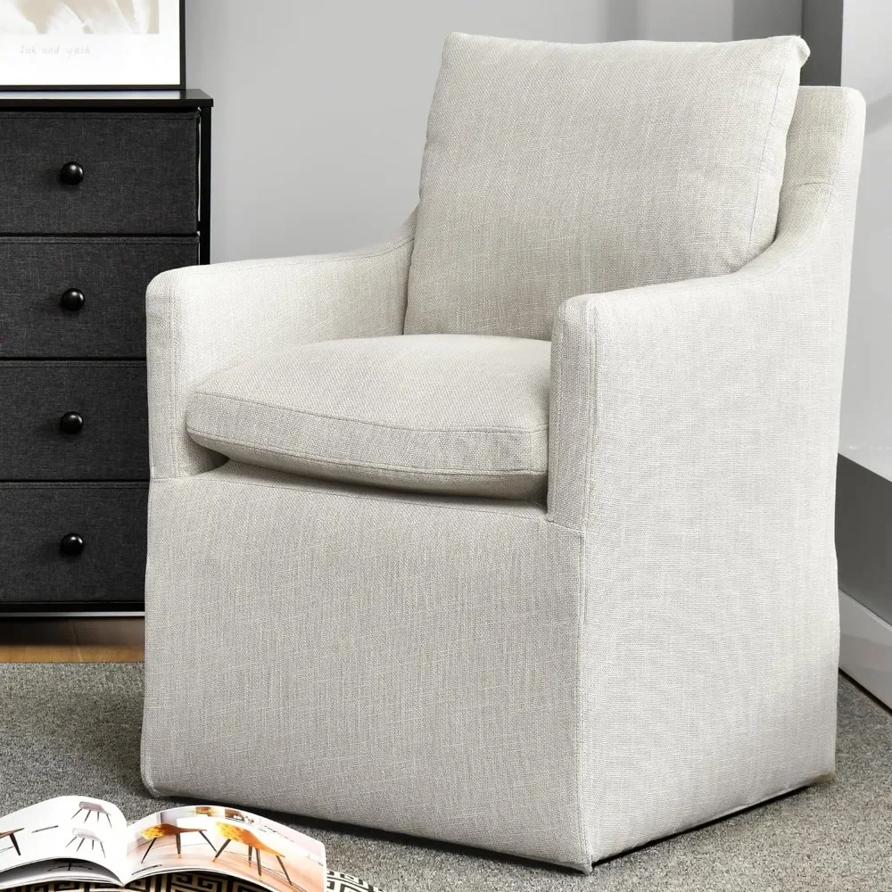 Dining Chair with 4 Casters and Upholstered Linen Accent Arm Dining Chair