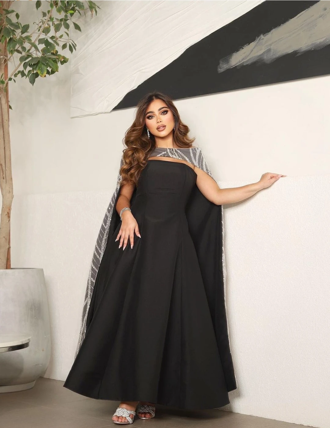 

AsaNagi Black Satin Prom Dresses Strapless With Beads Capes Floor-Length Women New Occasion Dress 2023 vestidos de noche