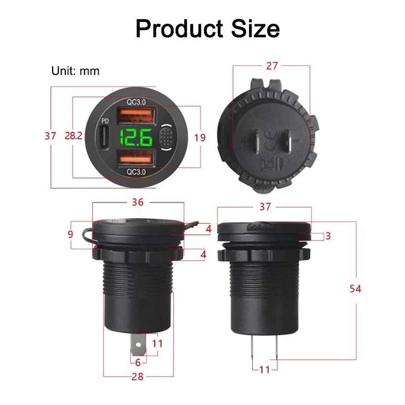 USB C 급속 충전 3.0 차량용 충전기 소켓, 12V 24V PD3.0 및 듀얼 QC3.0 포트, USB 고속 충전기 전원 콘센트, 터치 스위치 포함