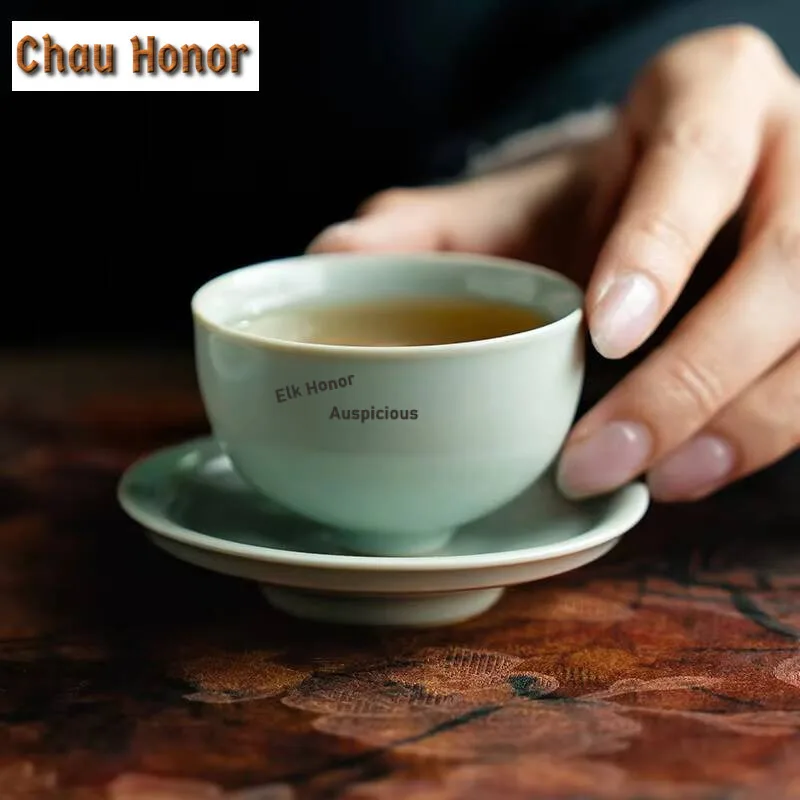 60ml Azure Ru Kiln Porcelain Teacup Handmade Tea Bowl Cup Saucer Kit Tea-tasting Meditation Cup Jianzhan Master Cups Teaset