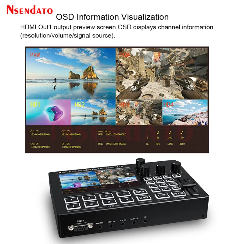 4 Channel HDMI Video Mixer Switcher For Live Streaming With 5 Inch Screen 1080P 60Hz 4 Way HDMI Video Switcher For Live Stream